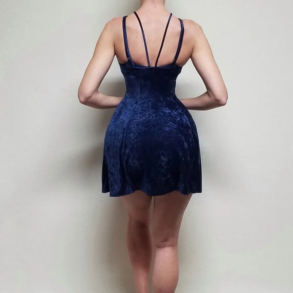 Vintage Petra Fashions Blue Crushed Velvet Double Strap Fit & Flare Mini Dress L - Picture 3 of 15